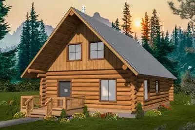 Two-Story Log Cabin House Plan with Second Level Loft - 1405 Sq Ft