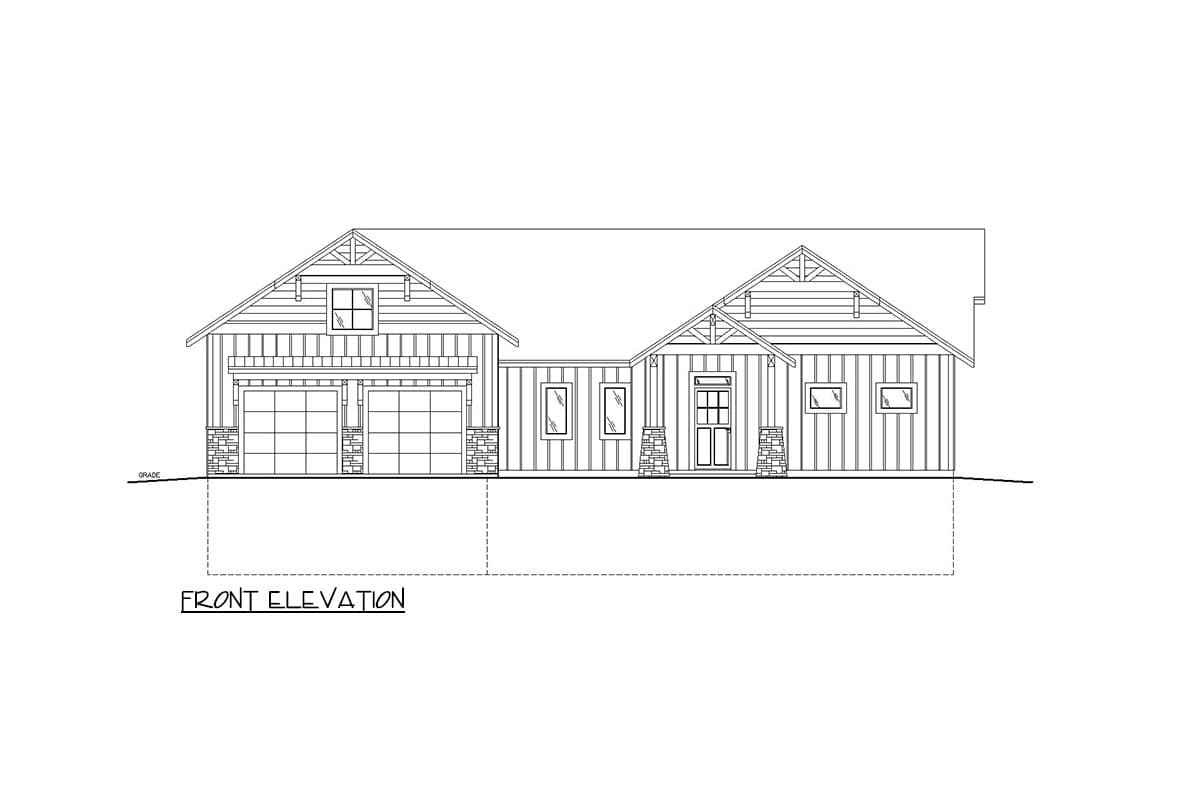 Front elevation drawing of a single-story house plan with a two-car garage, gabled dormers, and stone accents.