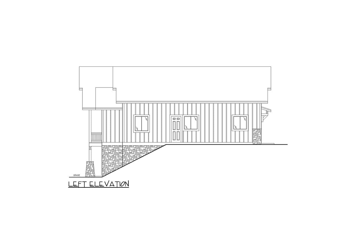 Left elevation house plan with vertical siding, double front doors, three windows, and stone foundation.