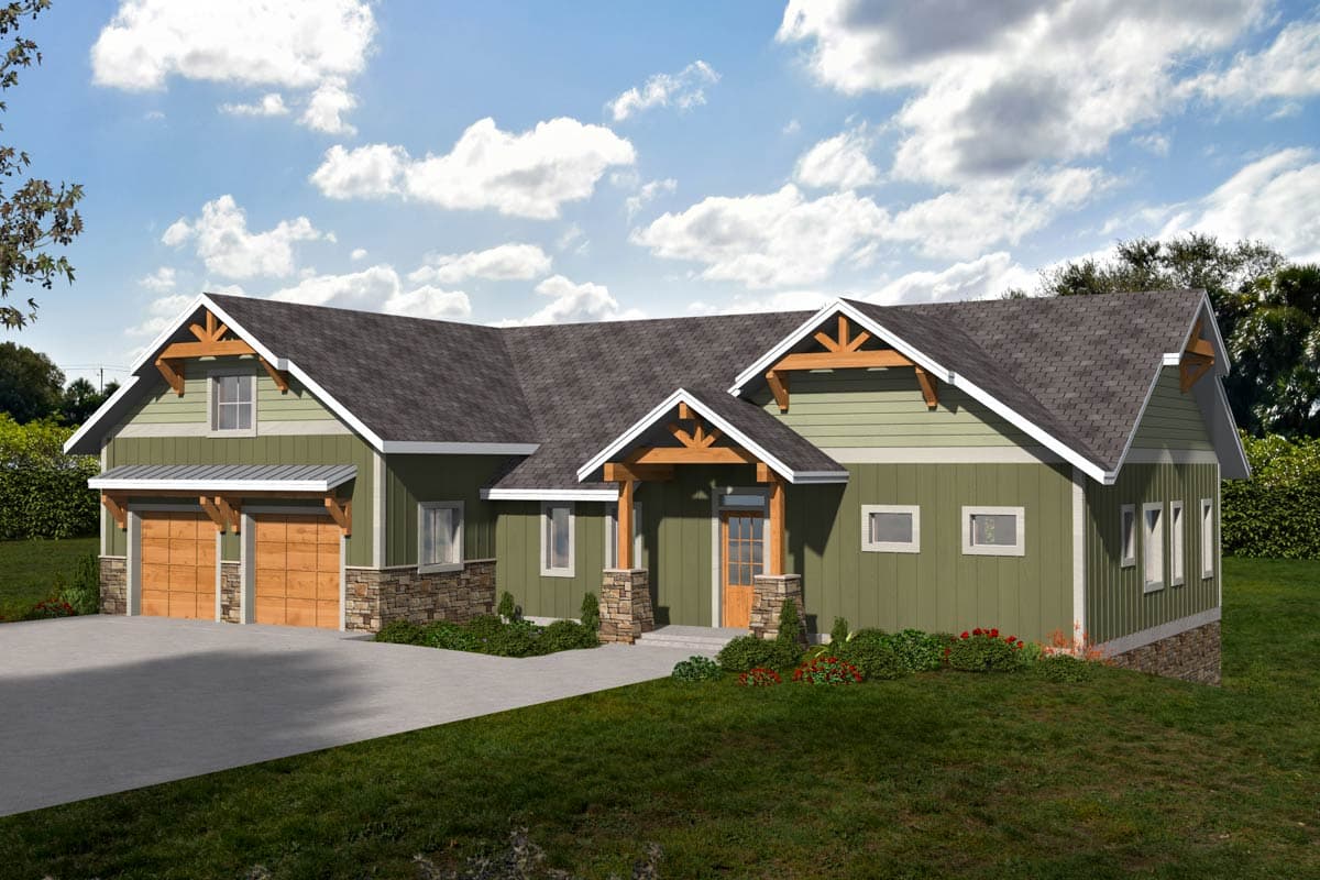 House plan exterior featuring a Craftsman style. The one-story home has a gable roof, exposed rafter tails, and a covered porch with stone columns.