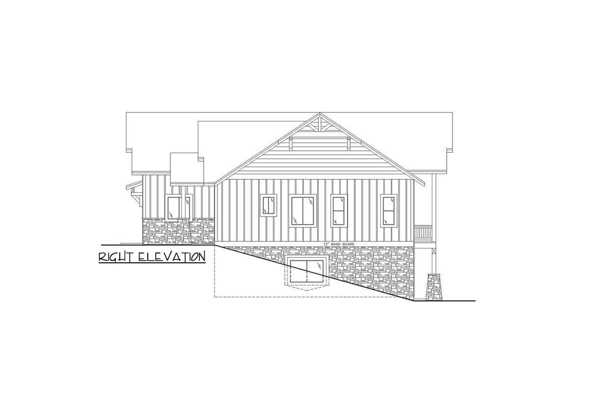 Right elevation house plan showing a gable roof, board and batten siding, stone foundation, and multiple windows.