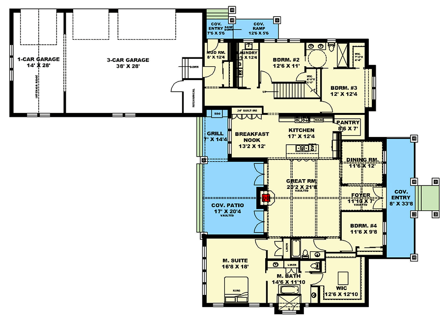 Plan 350103GH: 4-Bed Country Craftsman House Plan with Vaulted Great Room - 3850 Sq Ft - Floor Plan - Main Level - Country, Craftsman, Mountain, New American