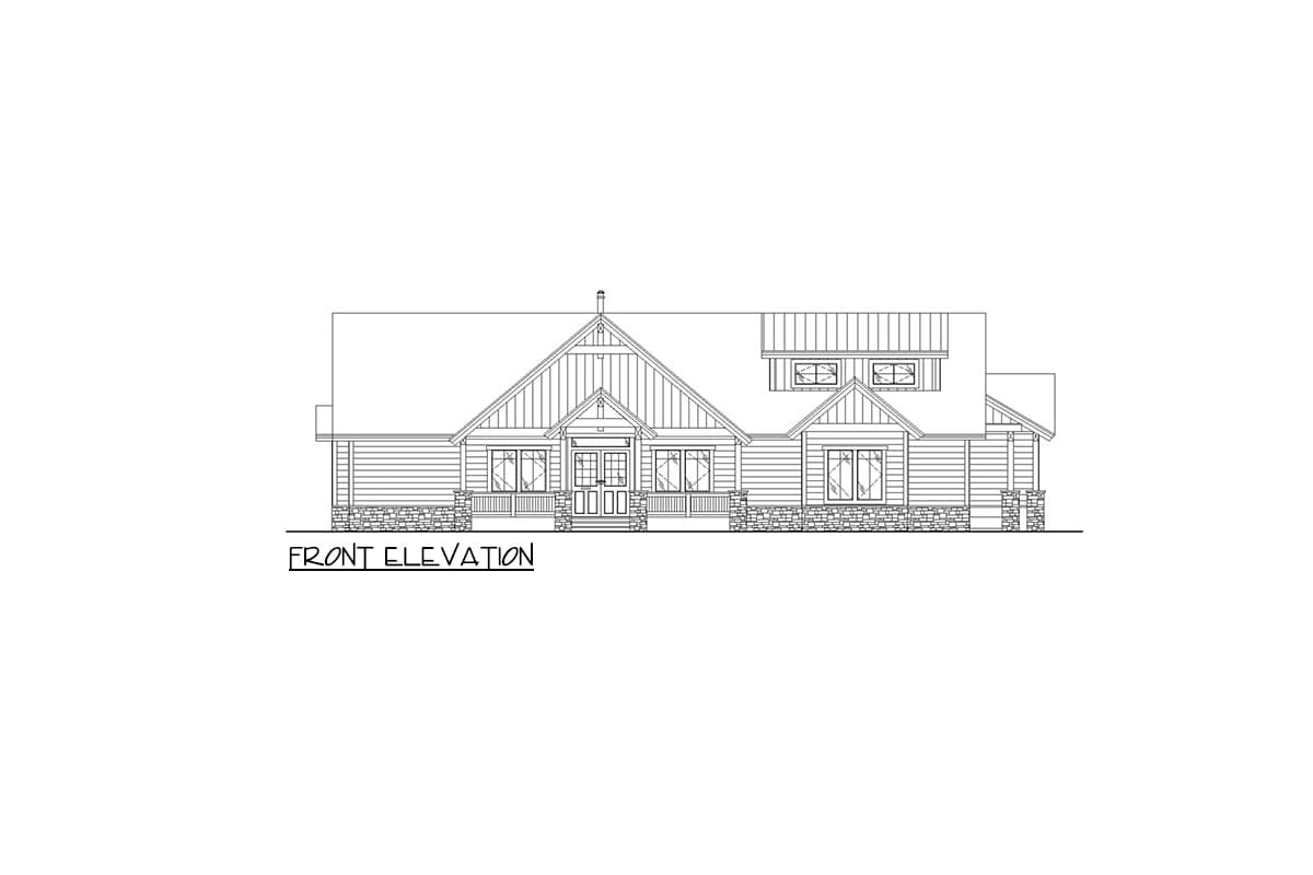 Front elevation drawing of a single-story house plan with a covered porch, stone foundation, and multiple gables.
