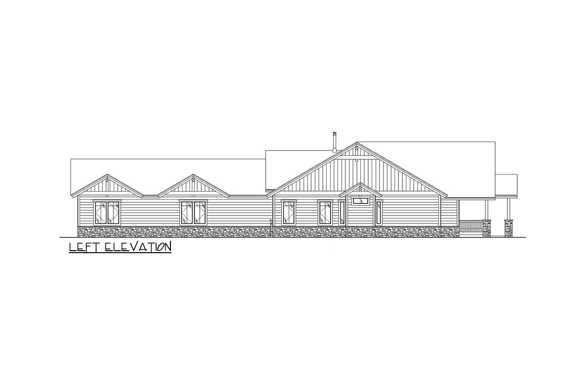 Left elevation house plan with multiple gables, horizontal siding, stone base, and covered porch.