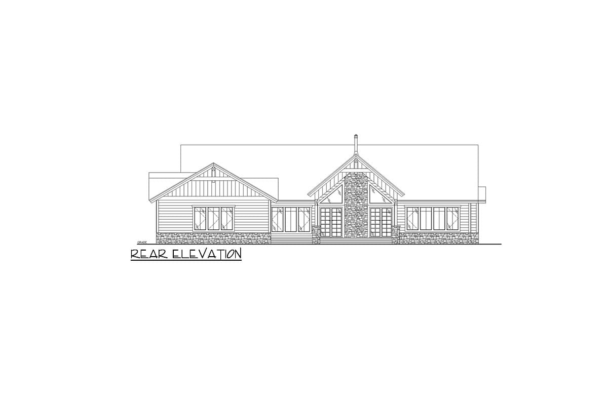 Rear elevation drawing of a house plan with stone and siding, multiple gables, and large windows.