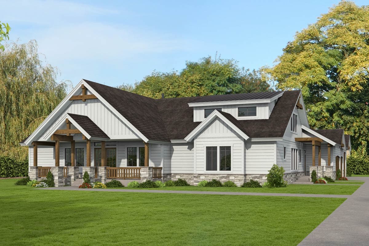 House plan exterior. Craftsman style, one-story home with a gabled roof, covered porch, and exposed rafter tails.