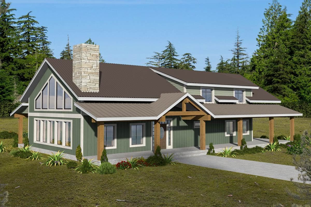 House plan exterior with two stories, Craftsman style. Features include a covered porch with exposed beams, a stone chimney, and gable rooflines.