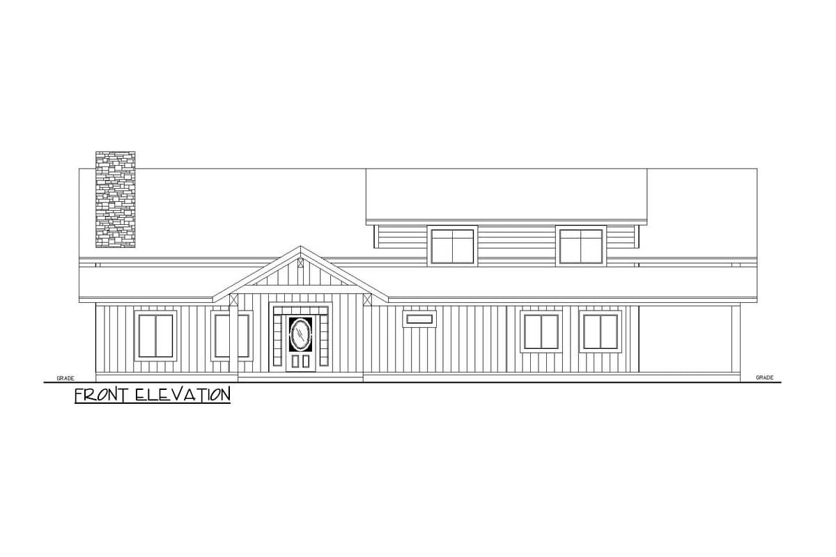 Front elevation drawing of a house plan featuring a gabled entry porch, stone chimney, and varied window styles.