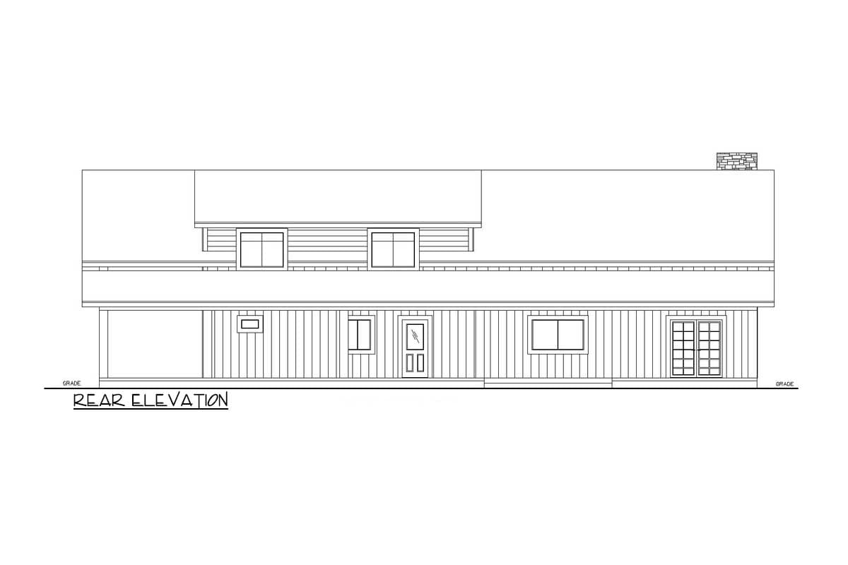 Rear elevation drawing of a house plan showing siding, windows, doors, and a chimney.