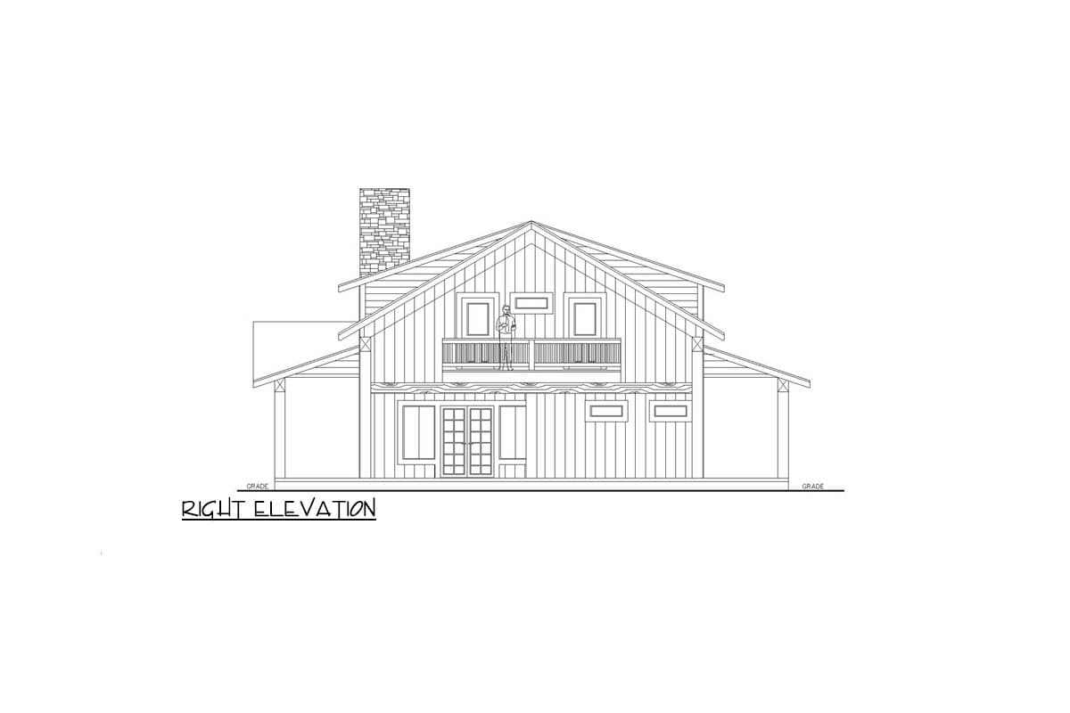 Right elevation drawing of a house plan with a gable roof, stone chimney, dormers, and a second-story balcony.