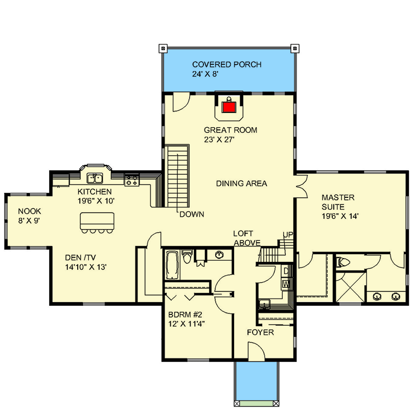 Plan 350105GH: 2-Bed Craftsman House Plan with Loft - 2959 Sq Ft - Floor Plan - Main Level - Country, Craftsman, Ranch