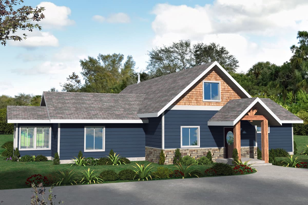 House plan exterior with Craftsman style, single story, and multiple gables. Features include a front entry porch and mixed siding materials.