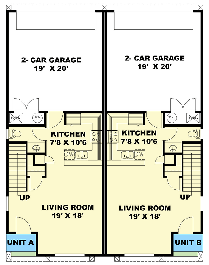 Plan 350106GH: Two-Story Duplex House Plan with 4 Bedrooms and 1543 Sq Ft Per Unit - Floor Plan - Main Level - Craftsman, Rustic