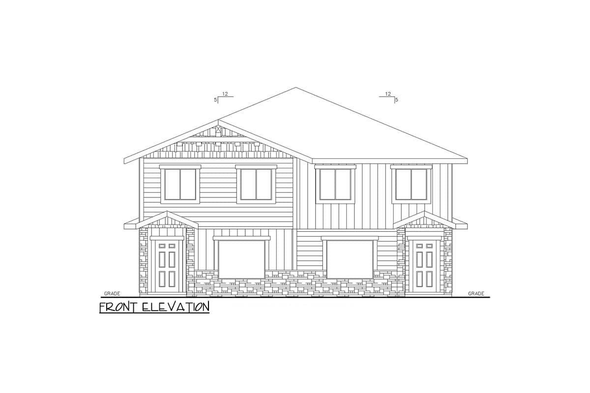 Front elevation drawing of a two-story house plan with horizontal siding, gable accents, stone base, and symmetrical entry.