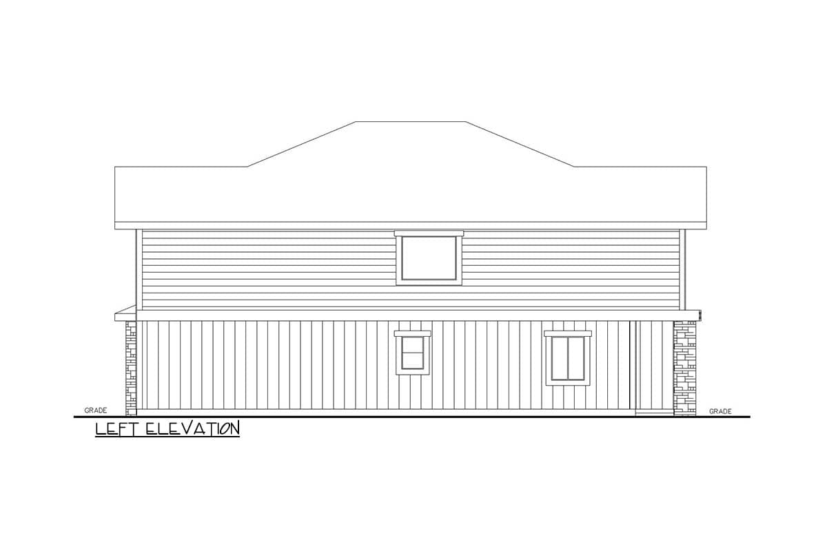 Left elevation drawing of a two-story house plan, showing horizontal siding, stone foundation accents, and multiple windows.