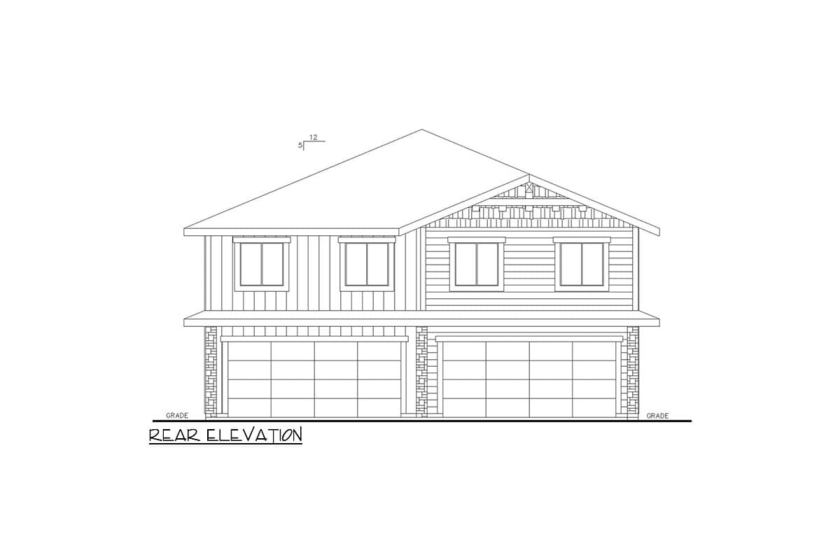 Rear elevation drawing of a two-story house plan with two garages, gabled roof, and horizontal siding.