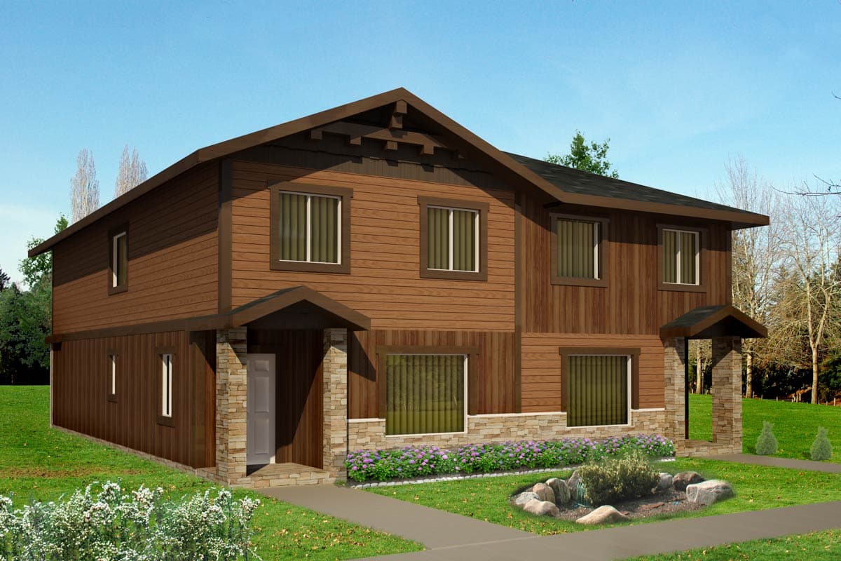 House plan exterior with Craftsman style. Two-story structure with gables, covered entry porches, and horizontal siding. Stone veneer accents.