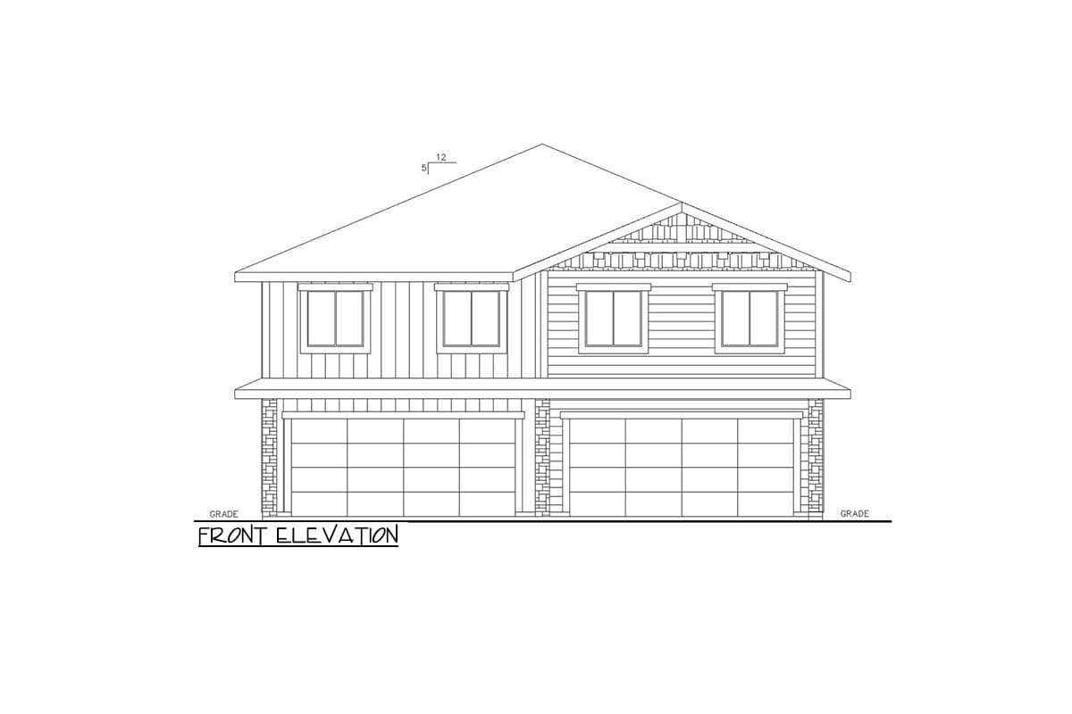 Front elevation drawing of a two-story house plan with a gable roof, double garage, and horizontal siding.