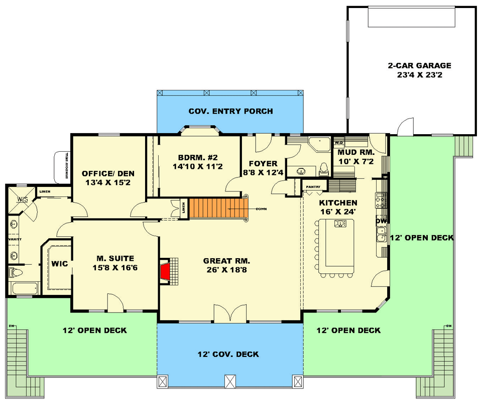Plan 350108GH: 5-Bed Craftsman Ranch House Plan with Wrap-Around Porch - 4258 Sq Ft  - Floor Plan - Main Level - Craftsman, Ranch