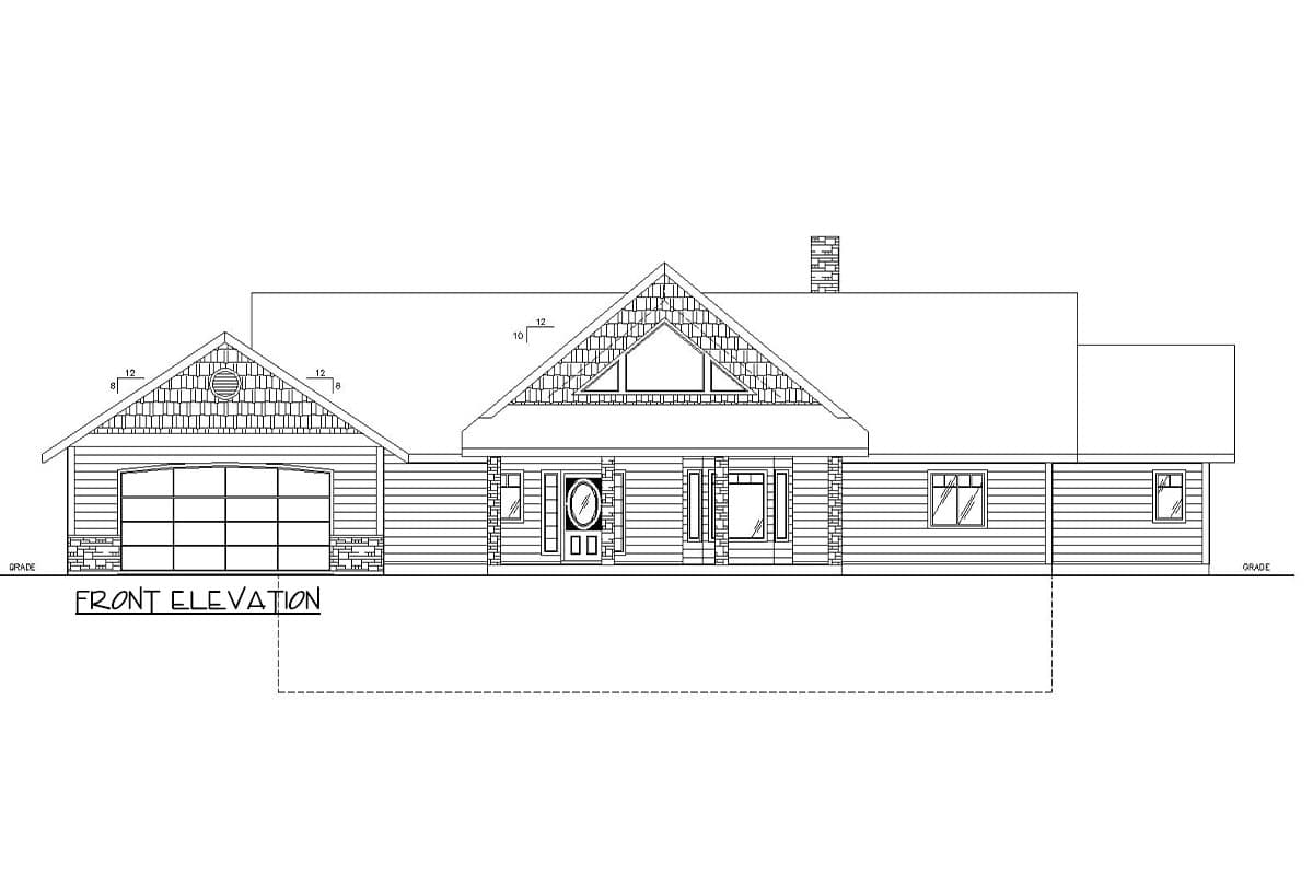 Front elevation drawing of a single-story house with a two-car garage, prominent gable, covered entry, and chimney.