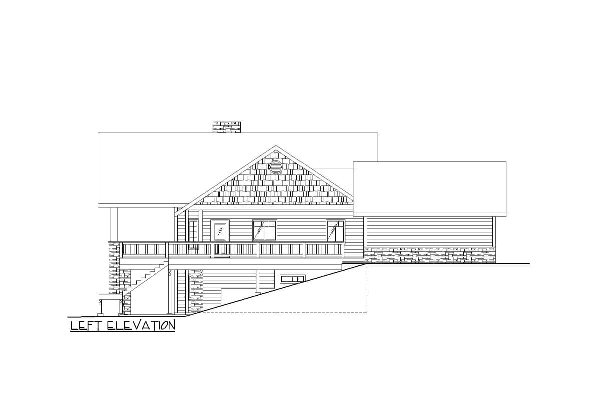Left elevation drawing of a house plan with a covered porch, gabled roof with shingle siding, and stone foundation.