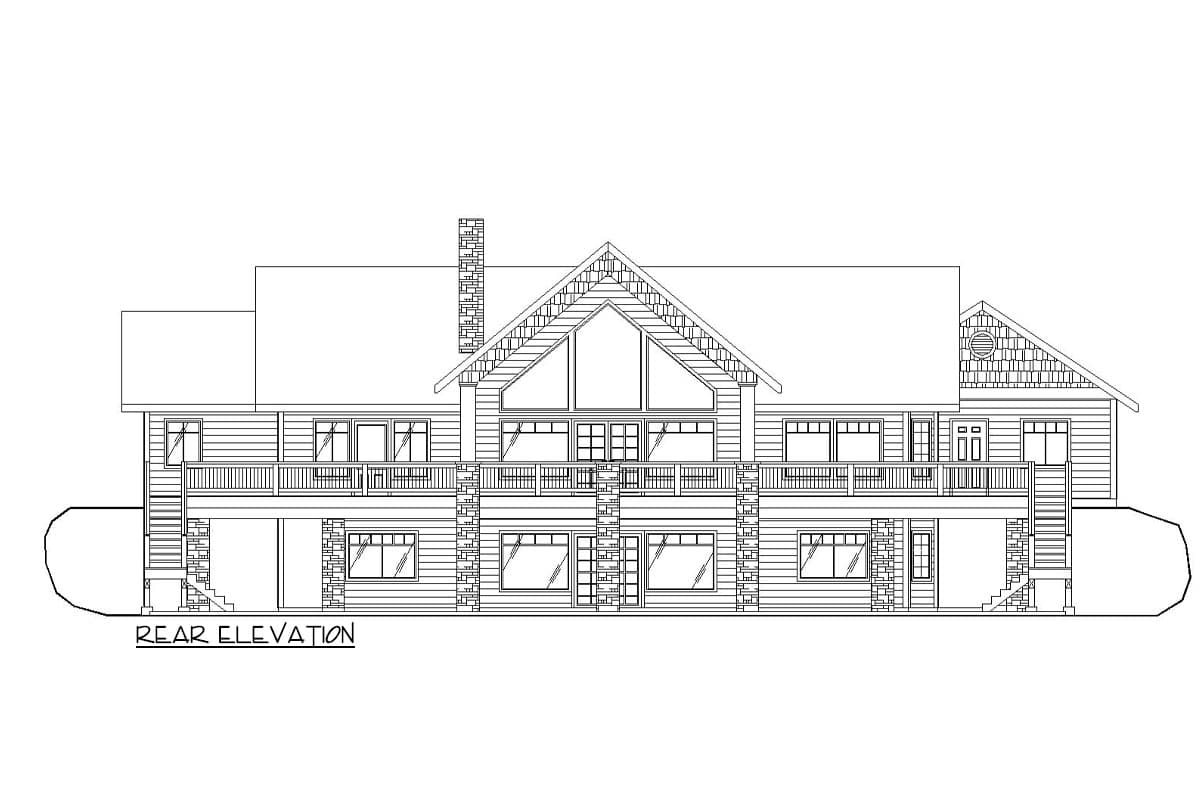 Rear elevation drawing of a two-story house plan with a large gable, multiple decks, and stone accents.
