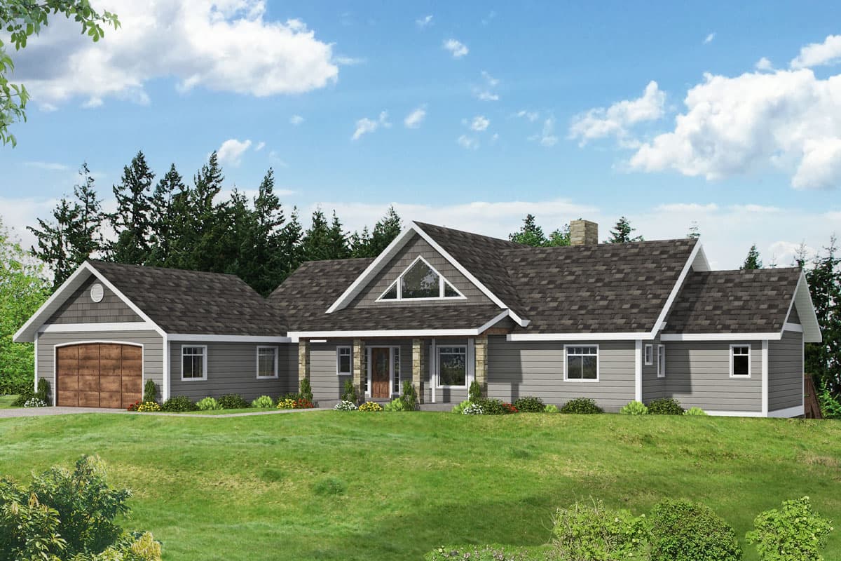 House plan exterior. Ranch style with multiple gables, stone-clad porch columns, and a side-entry garage. One story home with dark roofing.