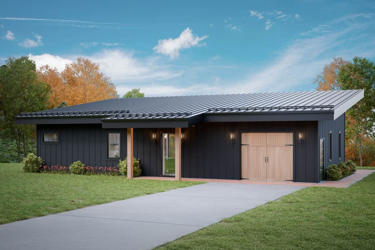 Modern house plan exterior with dark vertical siding, metal roof, and double garage doors.