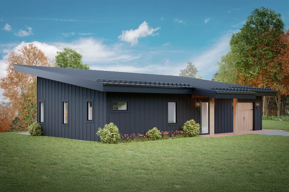 Modern house plan exterior, single story, with a dark vertical siding, asymmetrical roofline, and attached garage.