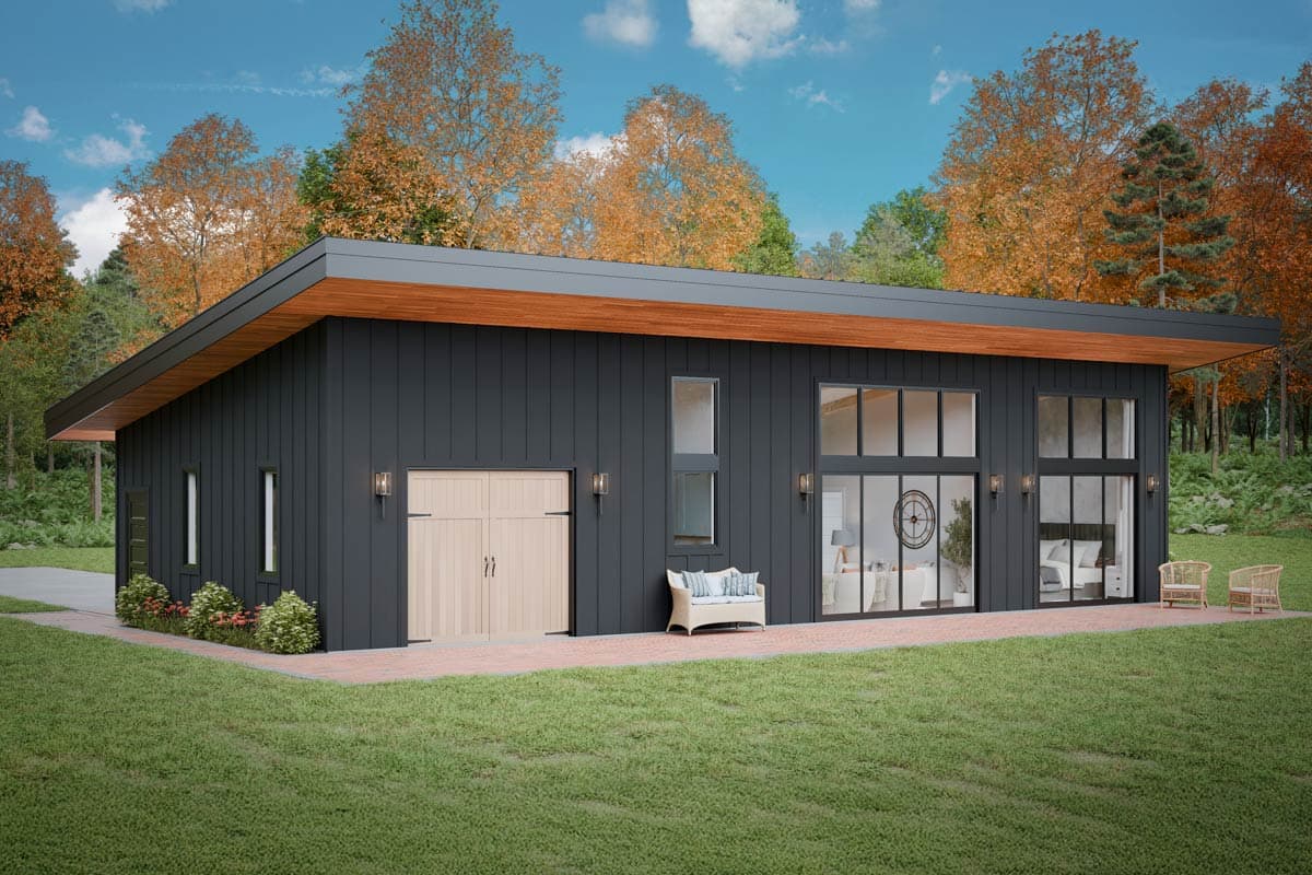 Modern house plan exterior with dark vertical siding, a cantilevered roof, double garage door, and large picture windows.