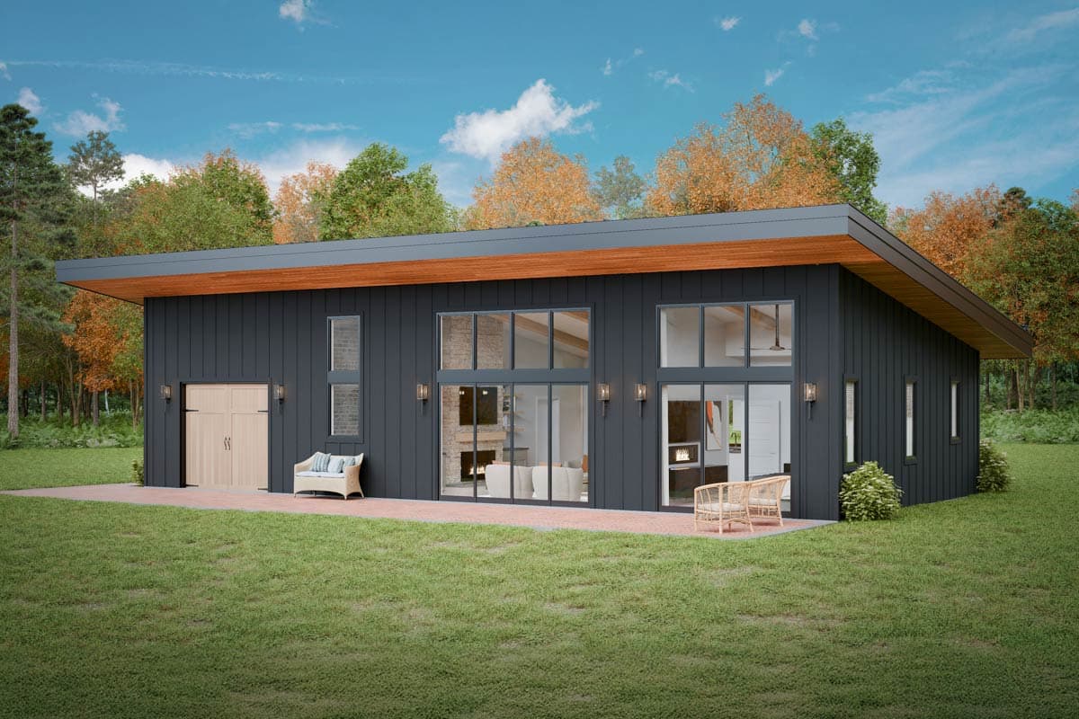 House plan exterior. Modern style, single-story home with flat roof, floor-to-ceiling windows, and attached garage. Includes outdoor seating.