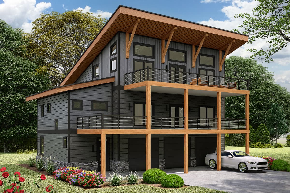House plan exterior featuring Modern style. Two-story home with covered balcony, exposed rafters, and two-car garage. Gray siding and wood accents.