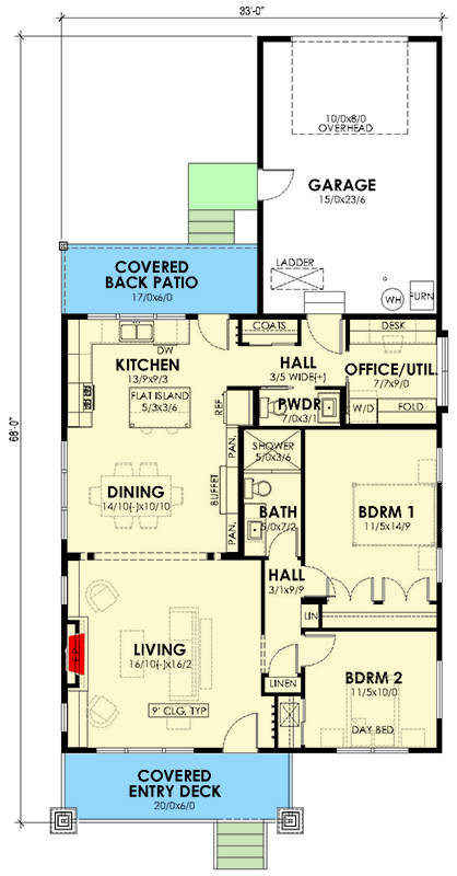 Plan 470306REY: 2-Bed Bungalow House Plan with Home Office - 1254 Sq Ft - Floor Plan - Main Level - Bungalow, Country