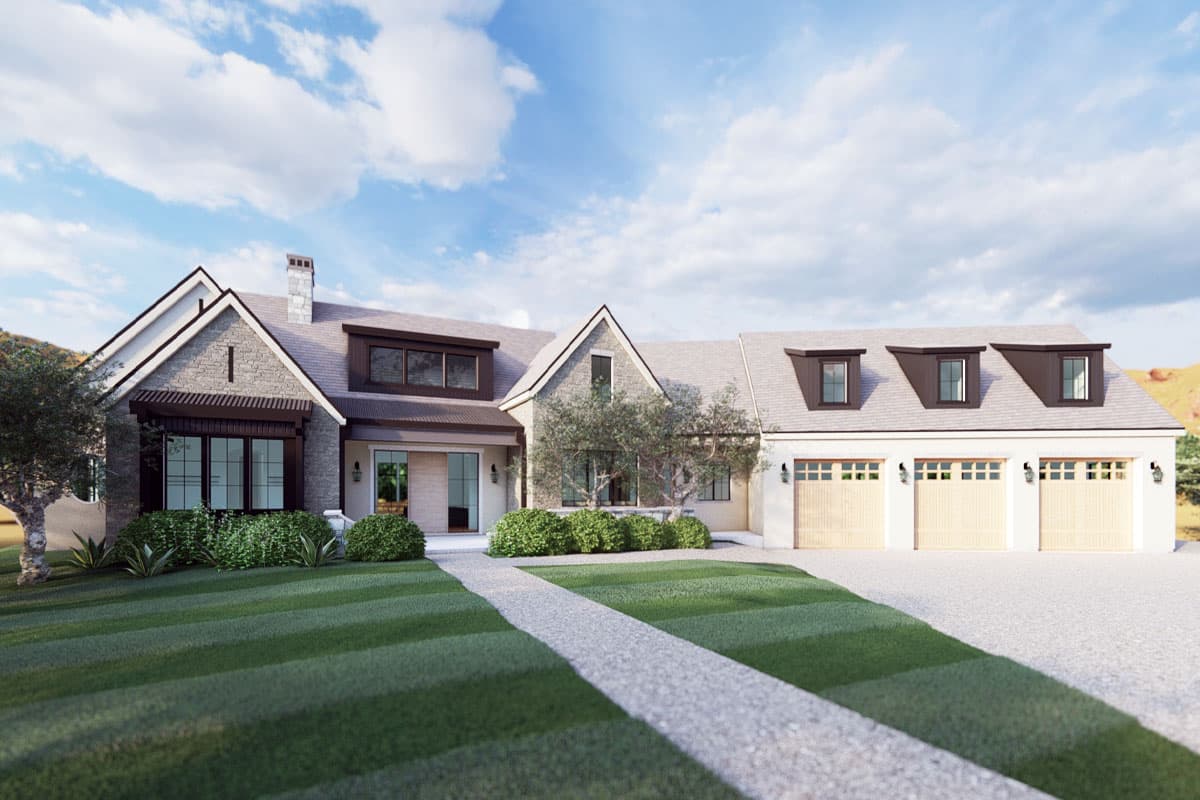 House plan exterior. Two-story, farmhouse style home with gables, dormers, and a three-car garage. Features include a covered porch.