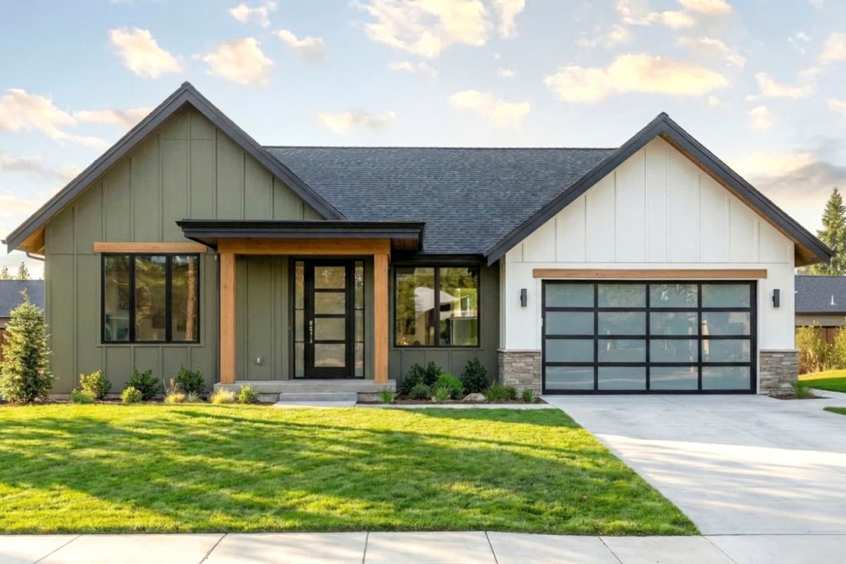 House plan exterior. Modern farmhouse style with gabled roof, board and batten siding, and a glass garage door.