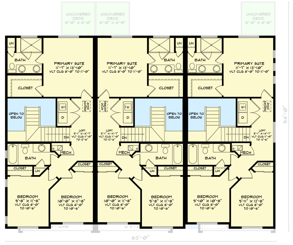 Plan 520028RKY: Two-Story New American Triplex House Plan with 3-Bed Units - 1447 Sq Ft - Floor Plan - 2nd Floor - Modern, New American