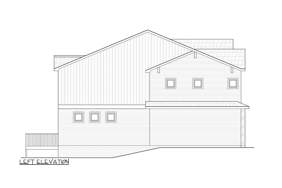 Left elevation house plan drawing showing a multi-story structure with varied rooflines, siding, and square windows.
