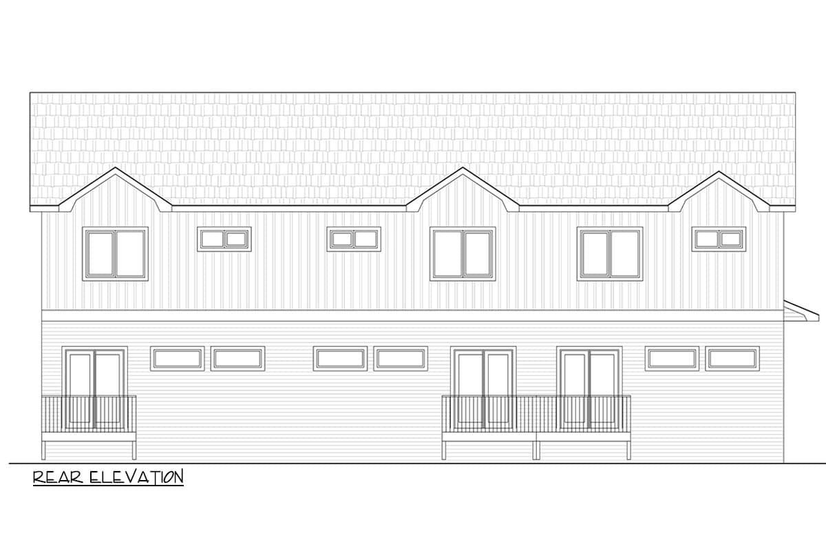 Rear elevation drawing of a two-story house with multiple gables, windows, and two balconies with railings.