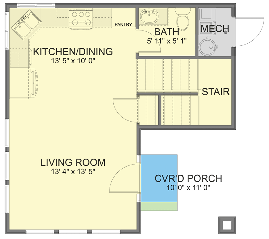 Plan 61579UT: Modern ADU House Plan with Second-Floor Deck - 782 Sq Ft - Floor Plan - Main Level - Modern