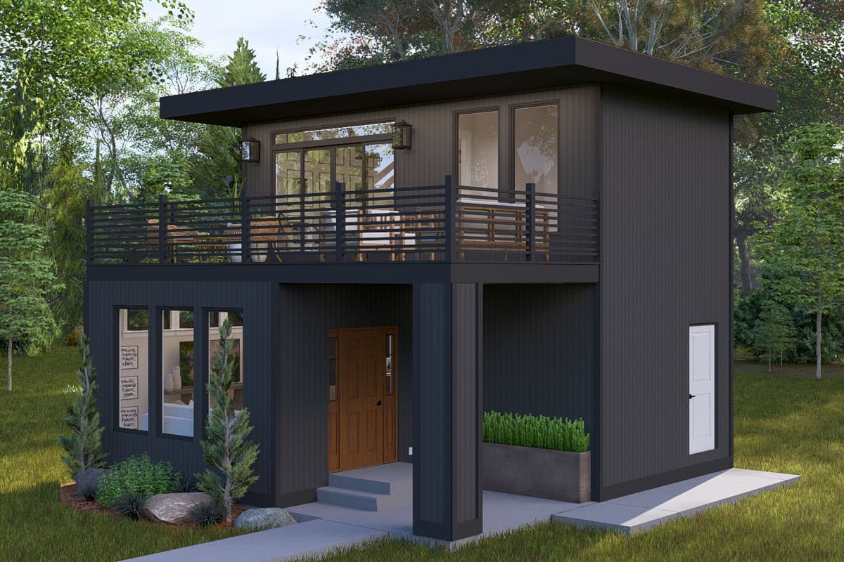 Modern two-story house plan exterior with a flat roof, balcony, wood door, and large windows.