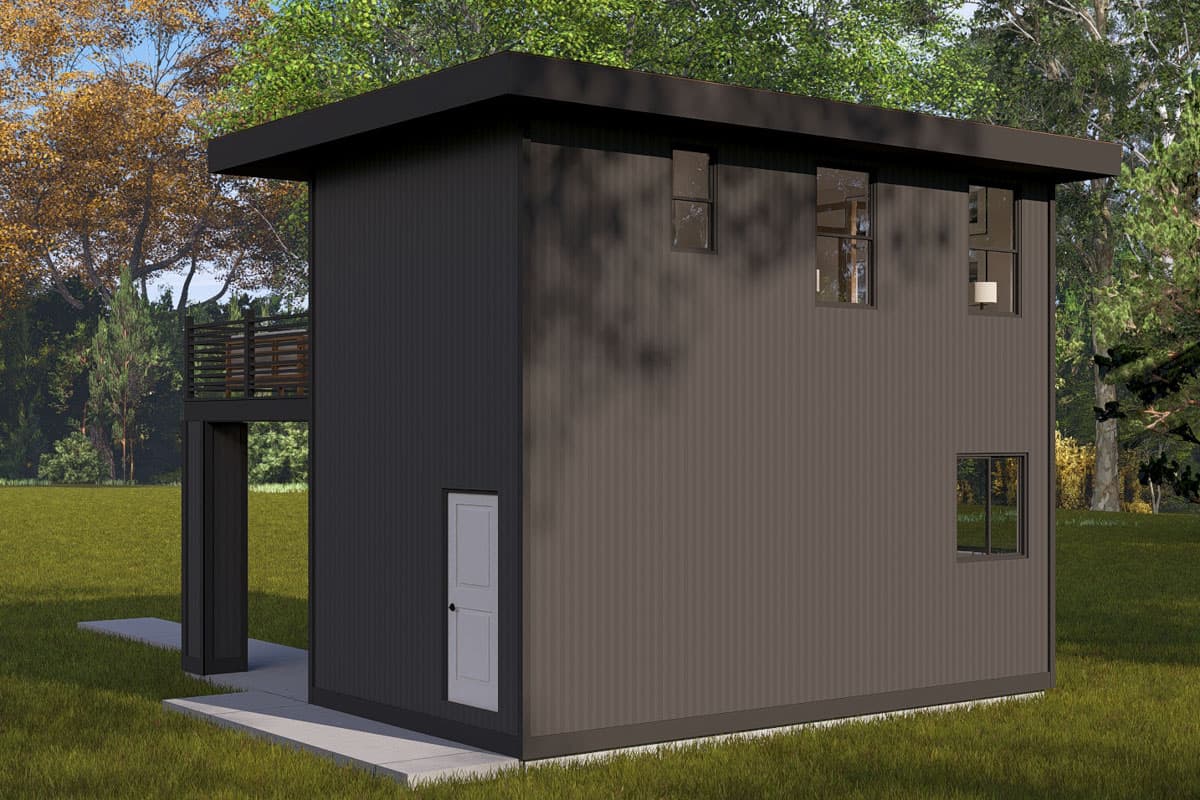 Modern two-story house plan exterior with a flat roof, vertical siding, upper balcony, and multiple windows.