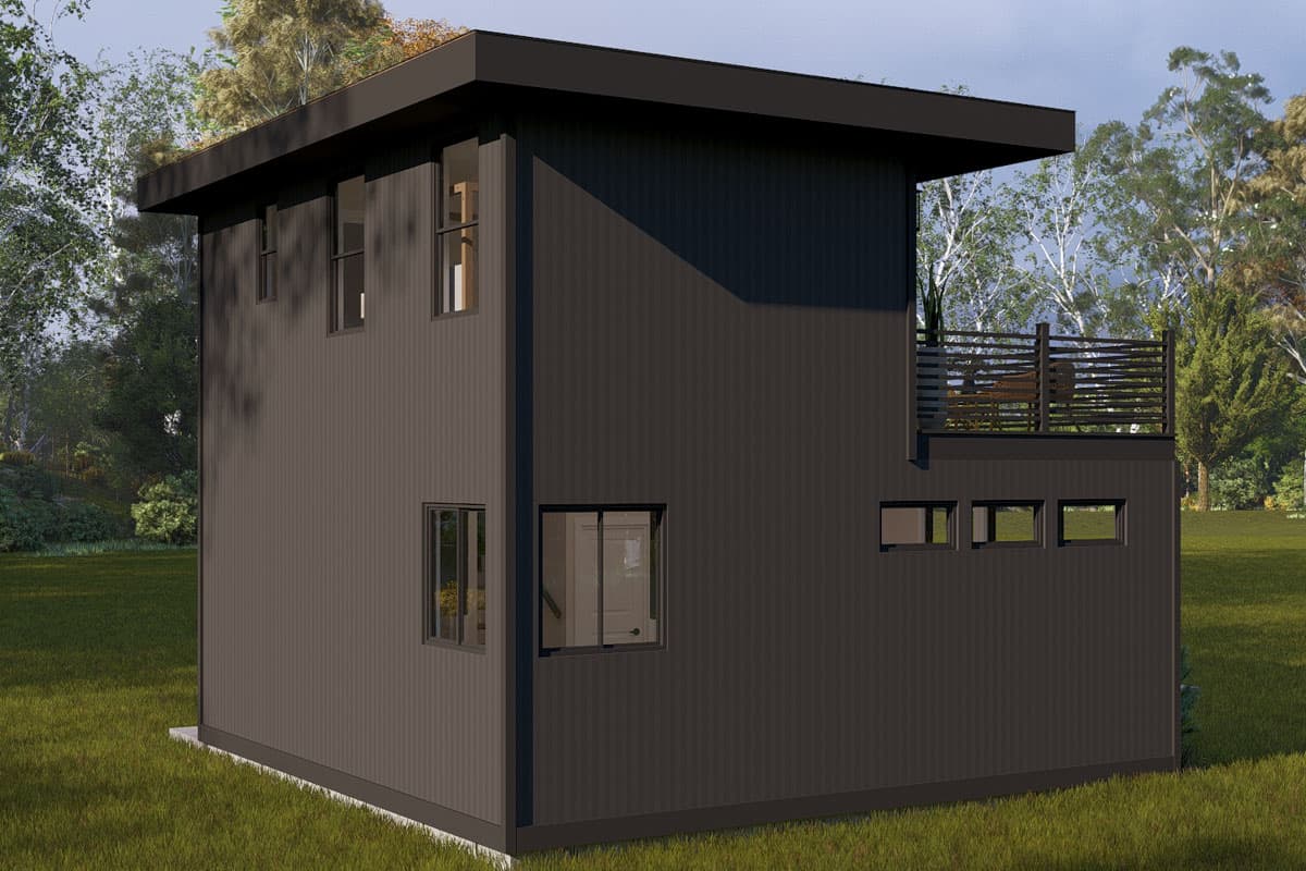 Modern two-story house plan exterior with dark vertical siding, flat roof, multiple windows, and a second-story balcony.