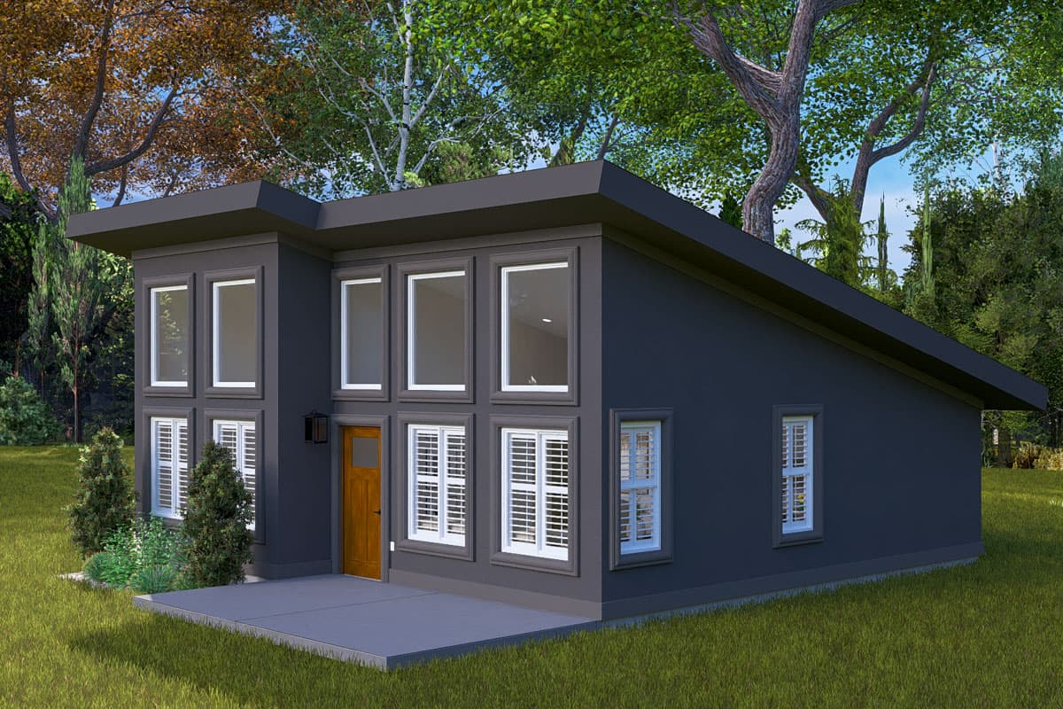 Modern house plan exterior with a single story, dark siding, large windows, and a low-slope roof.