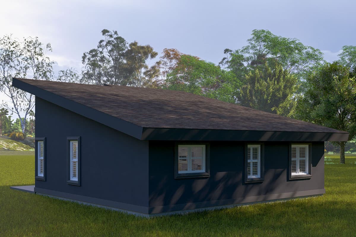 Modern house plan exterior with a prominent asymmetrical, sloping roofline and rectangular windows.