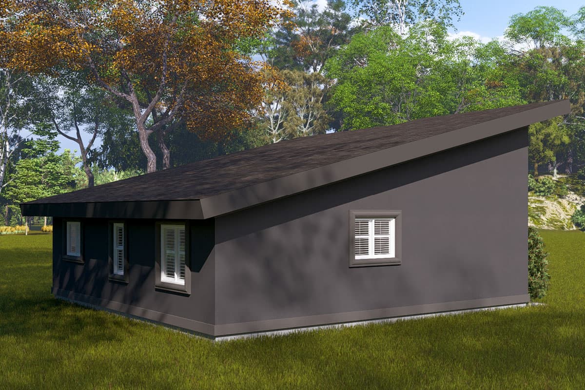 House plan exterior rendering, one-story modern design with asymmetrical low-slope roof, three windows, and dark grey siding.