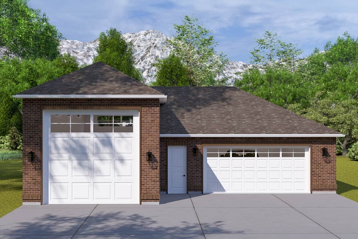 House plan exterior. One-story structure with brick facade, two garage doors, and a gable roof with a secondary roof extension.