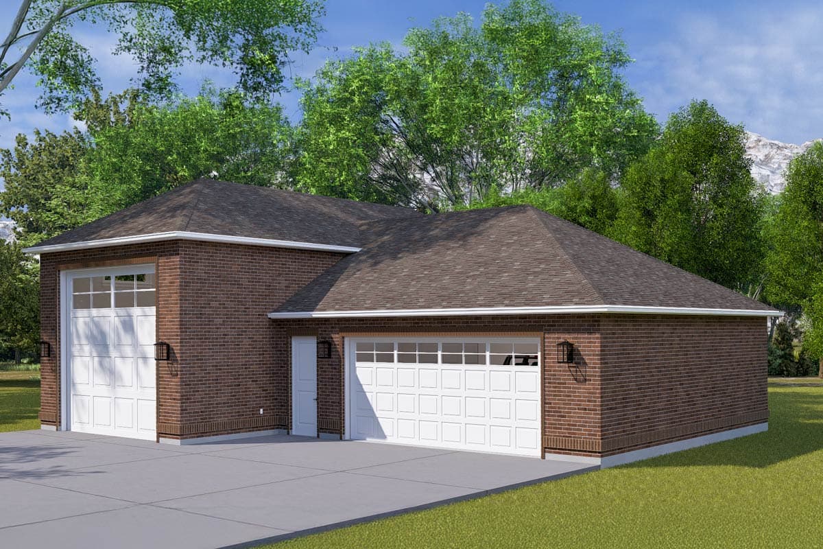 House plan exterior: Two-car garage with brick siding, white garage doors with windows, and gable roof.
