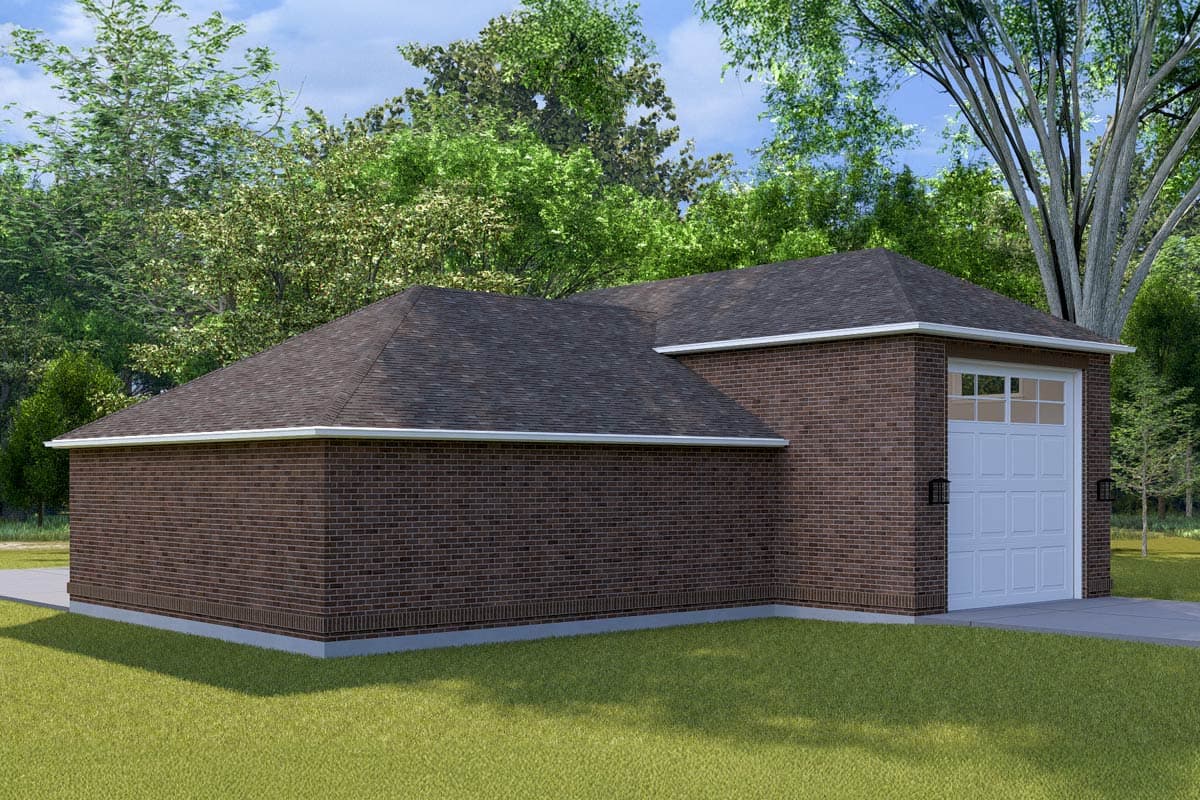 House plan exterior: One-story brick garage with a white sectional door and a hip roofline.