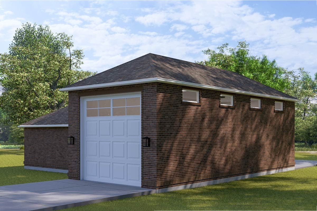 House plan exterior with brick siding, a single-car garage door, and a sloped roof.