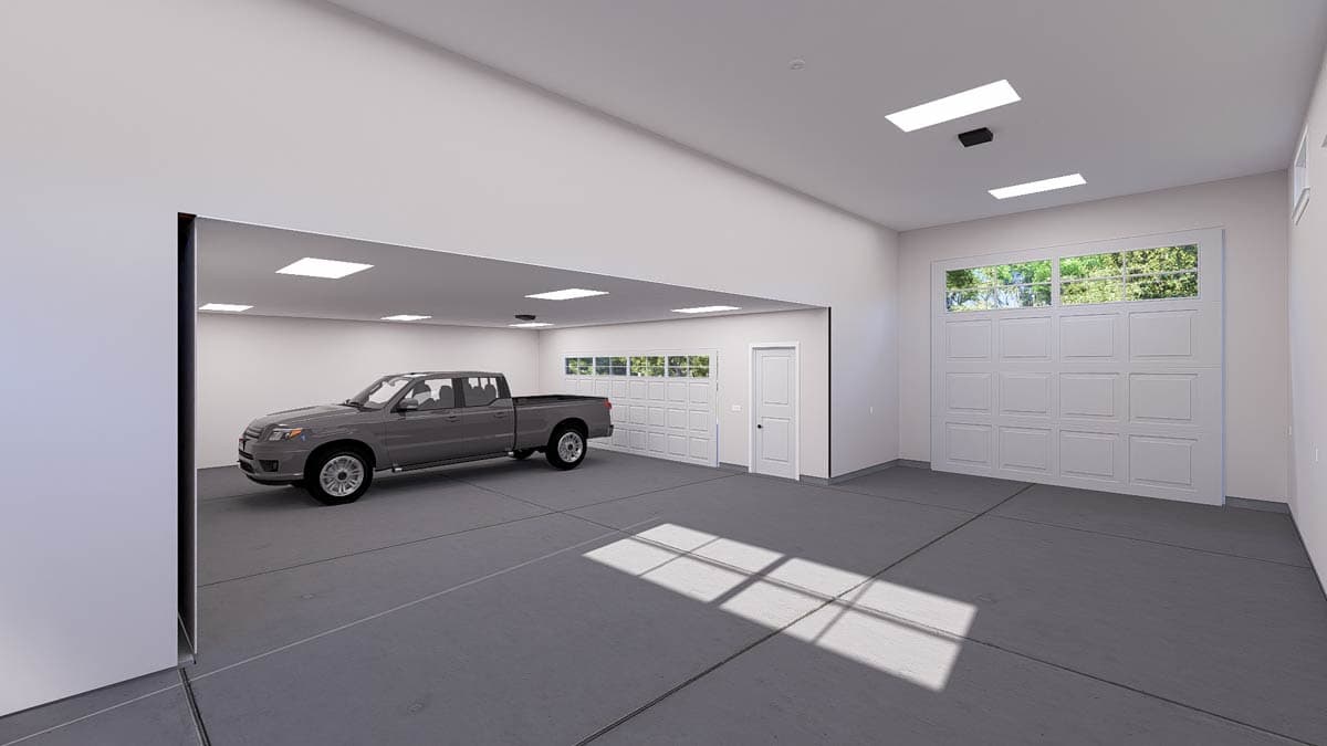 Rendering of a large garage interior with a pickup truck, two garage doors with windows, and a side door.